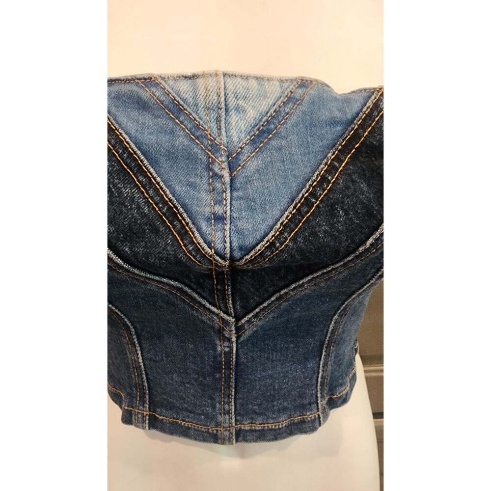 Revice Strapless Lace Up Backside Corset Light & Dark Tone Denim Top Size Small - Picture 4 of 10